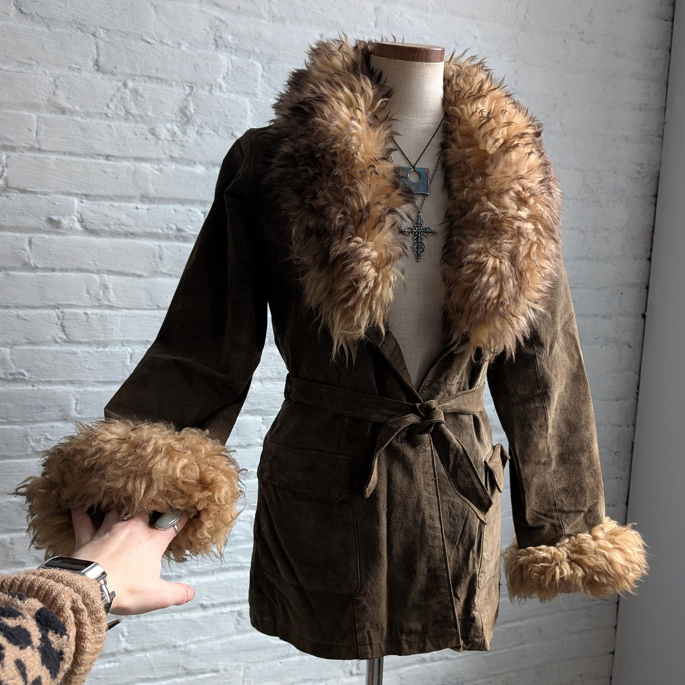 Vintage Leather Jacket Penny Lane Jacket Faux Fur Coat 70s Tapestry Trench Coat - Picture 10 of 16